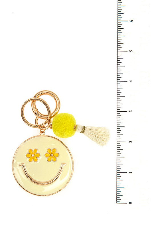 Smiley Face Round Tassel Link Keychain