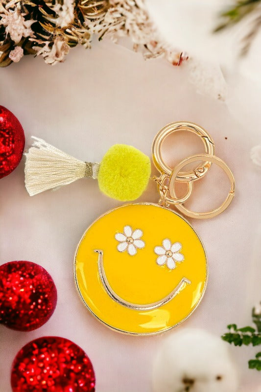 Smiley Face Round Tassel Link Keychain