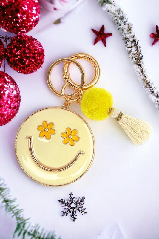 Smiley Face Round Tassel Link Keychain