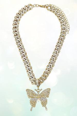 RHINESTONE PAVE BUTTERFLY PENDANT THICK CHAIN NECKLACE