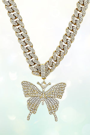 RHINESTONE PAVE BUTTERFLY PENDANT THICK CHAIN NECKLACE