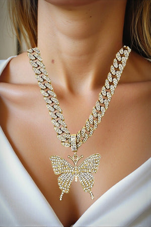 RHINESTONE PAVE BUTTERFLY PENDANT THICK CHAIN NECKLACE