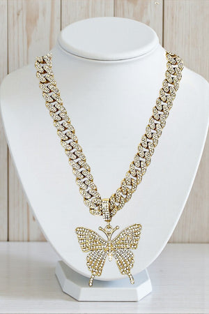 RHINESTONE PAVE BUTTERFLY PENDANT THICK CHAIN NECKLACE