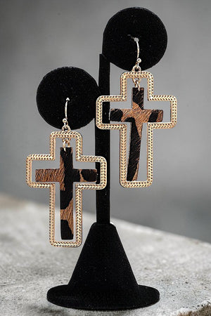 ANIMAL PRINT CROSS FRAMED DANGLE EARRING