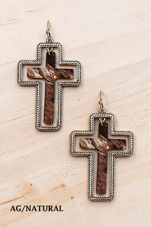ANIMAL PRINT CROSS FRAMED DANGLE EARRING