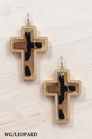 ANIMAL PRINT CROSS FRAMED DANGLE EARRING