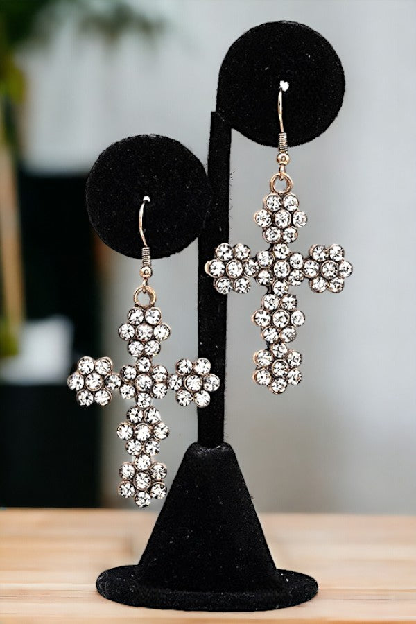 FLORAL GEM ACCENT CROSS DROP EARRING