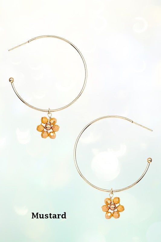 FLORAL GLASS BEAD DANGLE SEMI HOOP EARRING