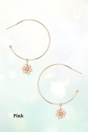 FLORAL GLASS BEAD DANGLE SEMI HOOP EARRING