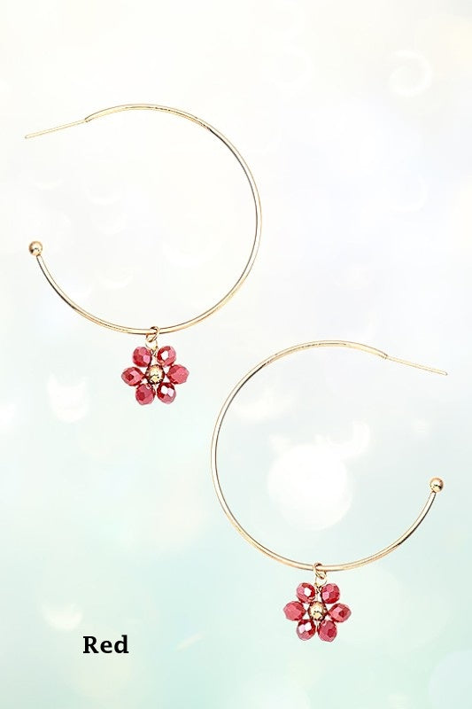 FLORAL GLASS BEAD DANGLE SEMI HOOP EARRING
