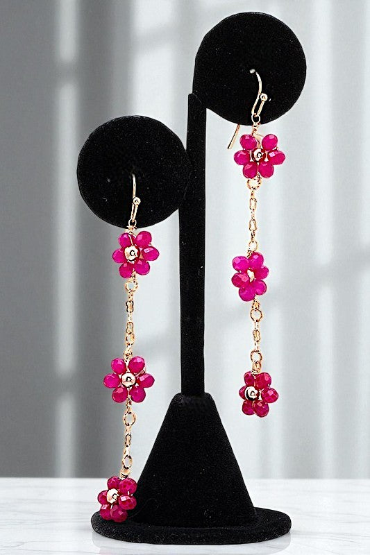 TRIPLE FACETED BEAD FLOWER CHAIN LINK EARRING