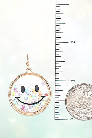 MULTI STAR CONFETTI FILLED CLEAR ROUND SMILEY DANGLE EARRING