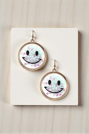 MULTI STAR CONFETTI FILLED CLEAR ROUND SMILEY DANGLE EARRING
