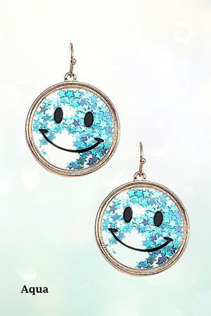 MULTI STAR CONFETTI FILLED CLEAR ROUND SMILEY DANGLE EARRING