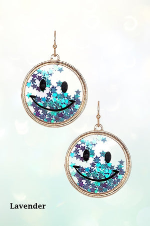 MULTI STAR CONFETTI FILLED CLEAR ROUND SMILEY DANGLE EARRING