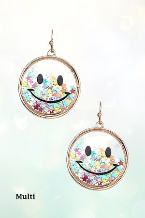 MULTI STAR CONFETTI FILLED CLEAR ROUND SMILEY DANGLE EARRING