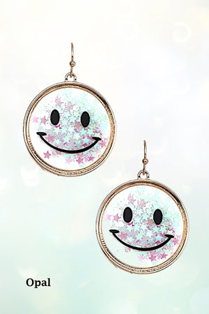 MULTI STAR CONFETTI FILLED CLEAR ROUND SMILEY DANGLE EARRING