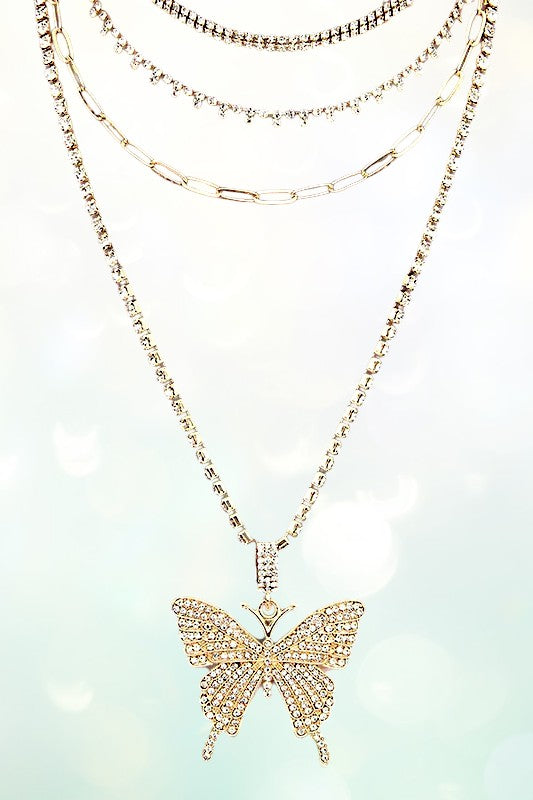 RHINESTONE PAVE BUTTERFLY PENDANT LAYERED NECKLACE