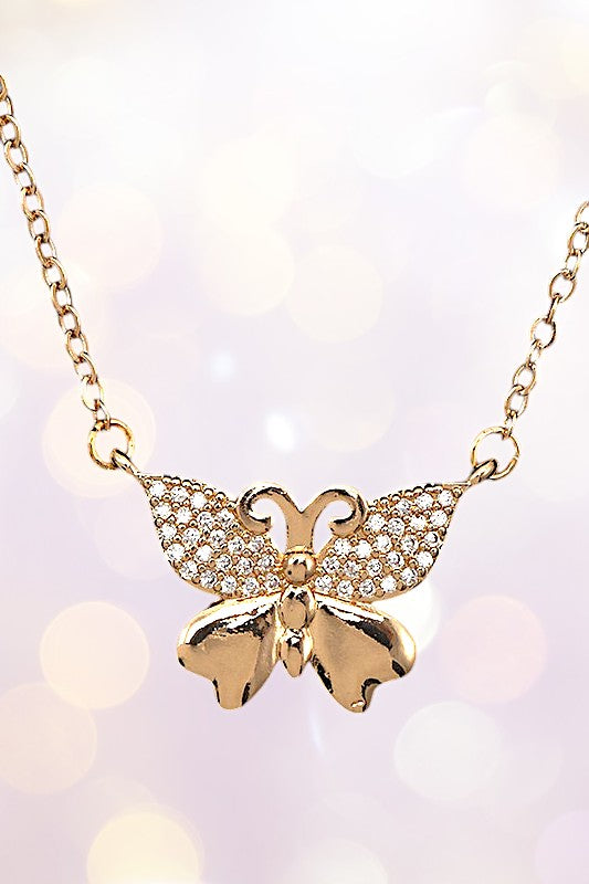 CZ STONE PAVE BUTTERFLY PENDANT NECKLACE