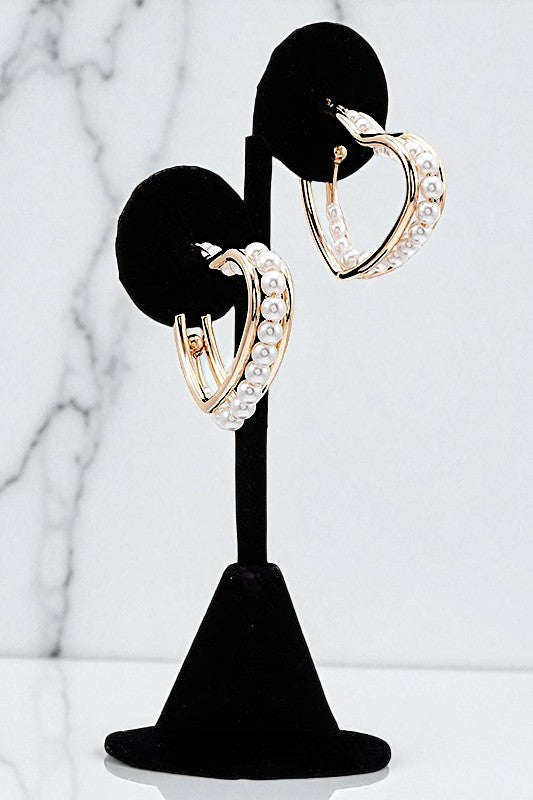 PEARL ACCENT HEART SEMI HOOP EARRING