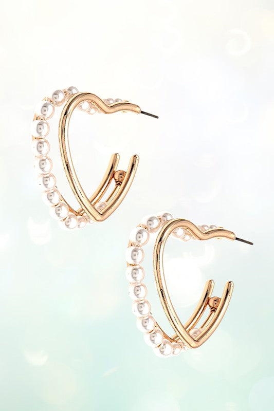 PEARL ACCENT HEART SEMI HOOP EARRING
