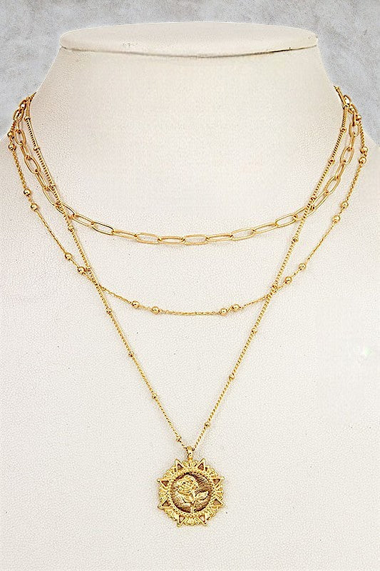 ETCHED ROSE ROUND PENDANT LAYERED NECKLACE