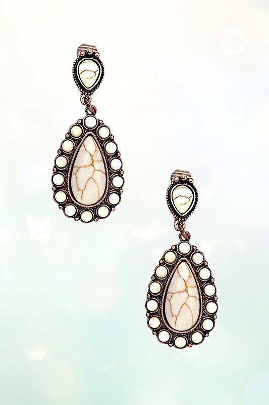TEARDROP GEMSTONE FRAMED DANGLE CLIP ON EARRING