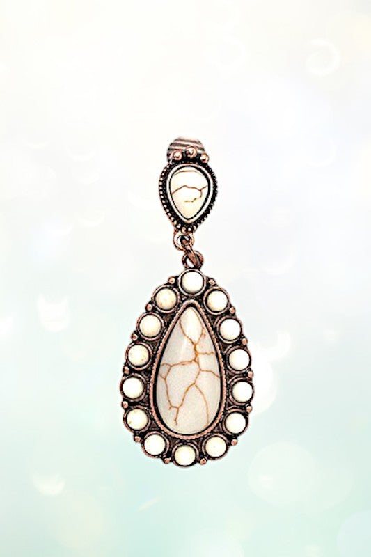 TEARDROP GEMSTONE FRAMED DANGLE CLIP ON EARRING