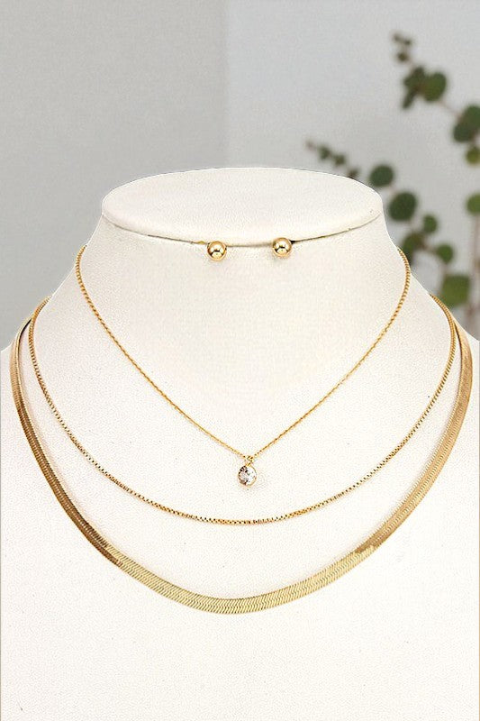 FLAT CHAIN LAYERED CHAIN GEM PENDANT NECKLACE SET