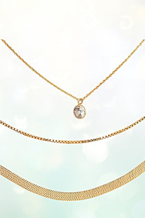 FLAT CHAIN LAYERED CHAIN GEM PENDANT NECKLACE SET