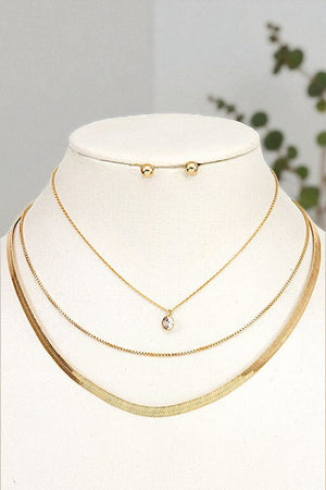 FLAT CHAIN LAYERED CHAIN GEM PENDANT NECKLACE SET