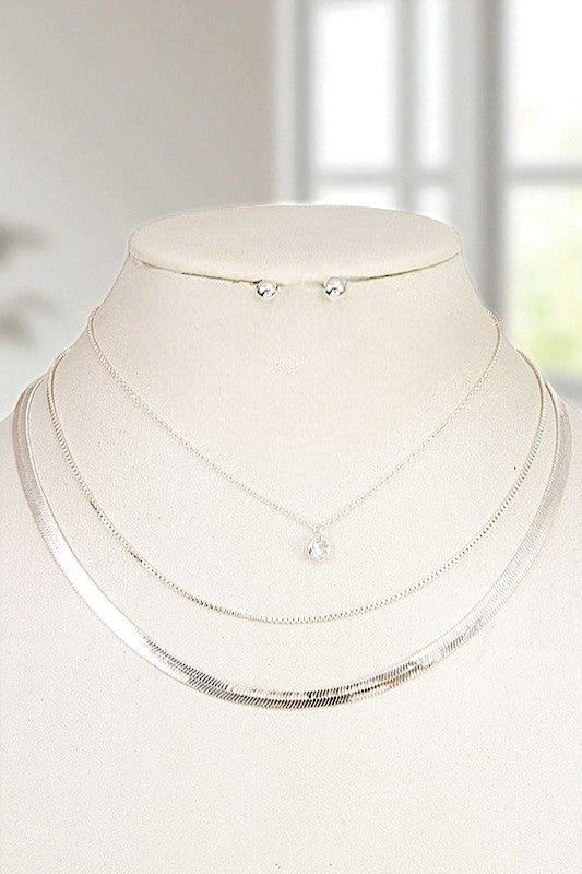 FLAT CHAIN LAYERED CHAIN GEM PENDANT NECKLACE SET