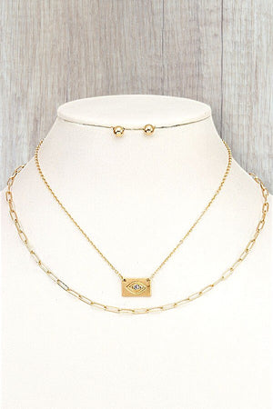 EVIL EYE PENDANT CHAIN LAYERED NECKLACE AND EARRING SET