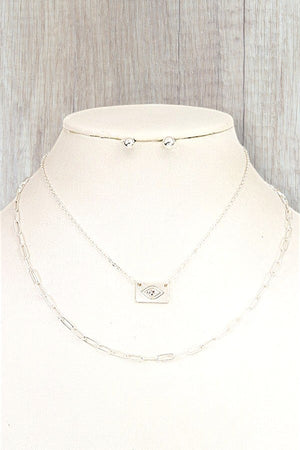 EVIL EYE PENDANT CHAIN LAYERED NECKLACE AND EARRING SET