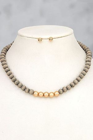 WOOD BALL BEAD NECKLACE AND EARRING SET