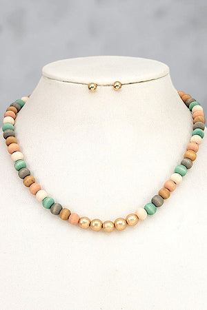 WOOD BALL BEAD NECKLACE AND EARRING SET