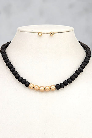 WOOD BALL BEAD NECKLACE AND EARRING SET