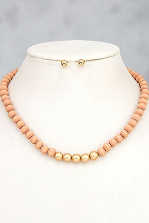 WOOD BALL BEAD NECKLACE AND EARRING SET
