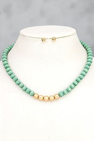 WOOD BALL BEAD NECKLACE AND EARRING SET