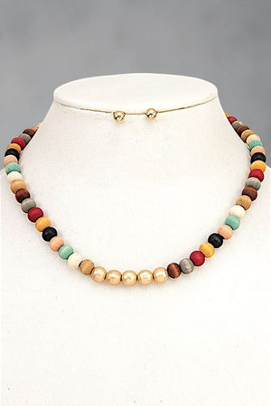 WOOD BALL BEAD NECKLACE AND EARRING SET