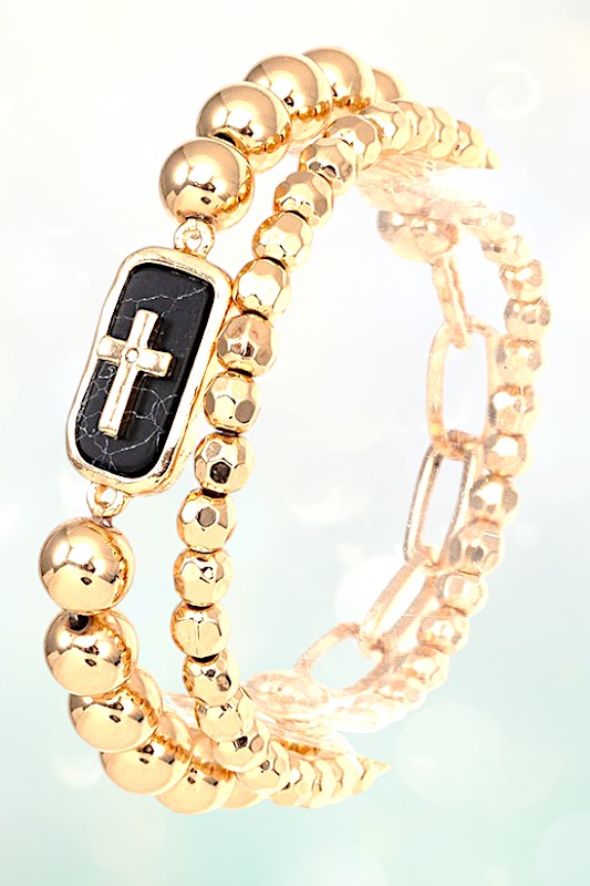 SEMI PRECIOUS STONE CROSS ACCENT BEAD BRACELET