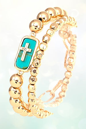 SEMI PRECIOUS STONE CROSS ACCENT BEAD BRACELET