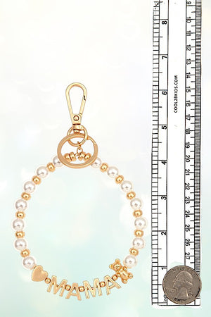 MAMA TEDDY AND HEART ACCENT PEARL BEADED BRACELET KEYCHAIN