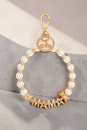 MAMA TEDDY AND HEART ACCENT PEARL BEADED BRACELET KEYCHAIN