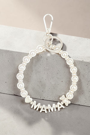MAMA TEDDY AND HEART ACCENT PEARL BEADED BRACELET KEYCHAIN