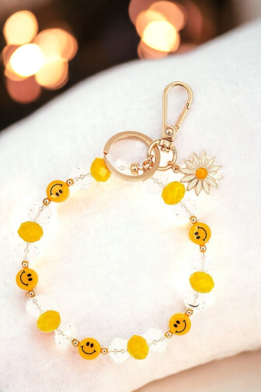 Faceted Glass Bead Smiley Bead Bracelet Keychain