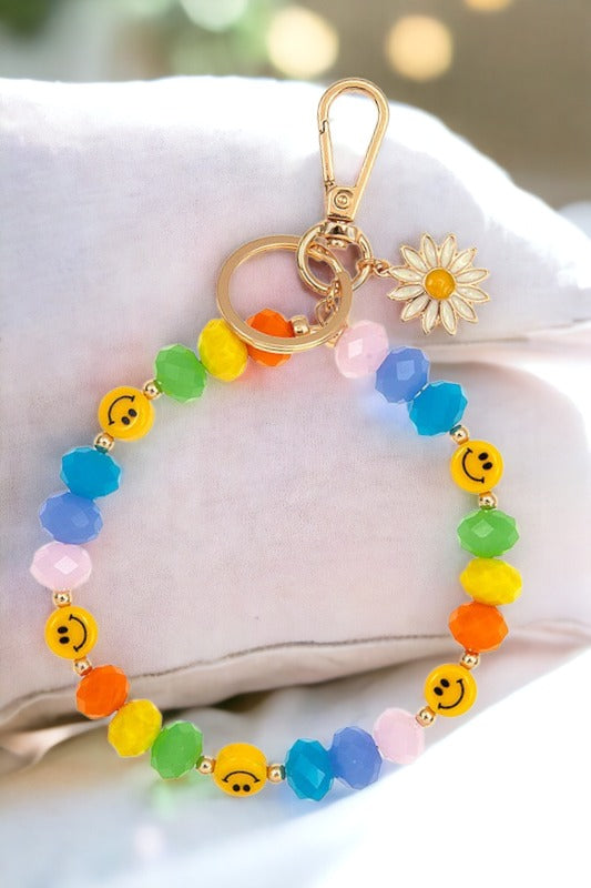 Faceted Glass Bead Smiley Bead Bracelet Keychain