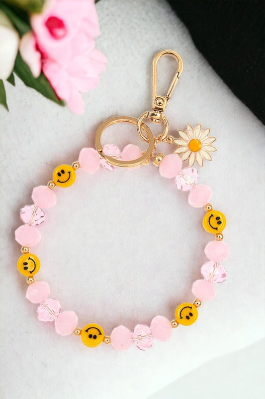 Faceted Glass Bead Smiley Bead Bracelet Keychain