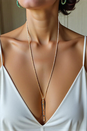 ALIGNED AND FRAMED WOOD BEAD BAR PENDANT LONG NECKLACE