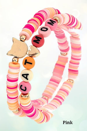 CAT MOM DISC BEADED STRETCH BRACELET SET